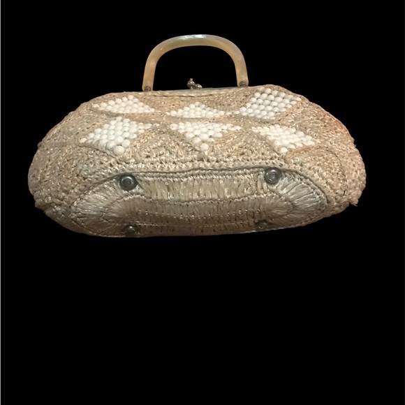 Vintage Ivory White Beaded Evening Handled Clutch Purse w Snap Closure - Picture 3 of 9